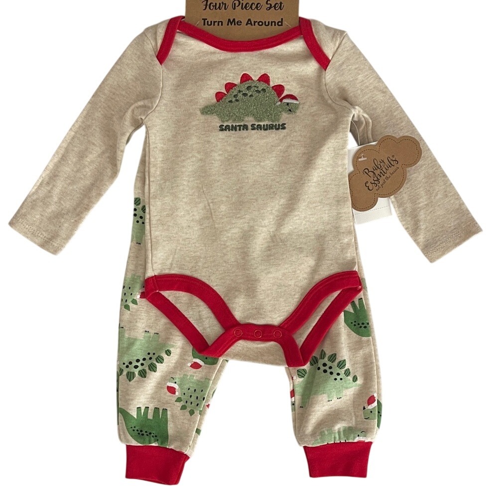 Baby Essentials Beige Santa Saurus Christmas Baby 4 Pc Outfit 9mo NWT